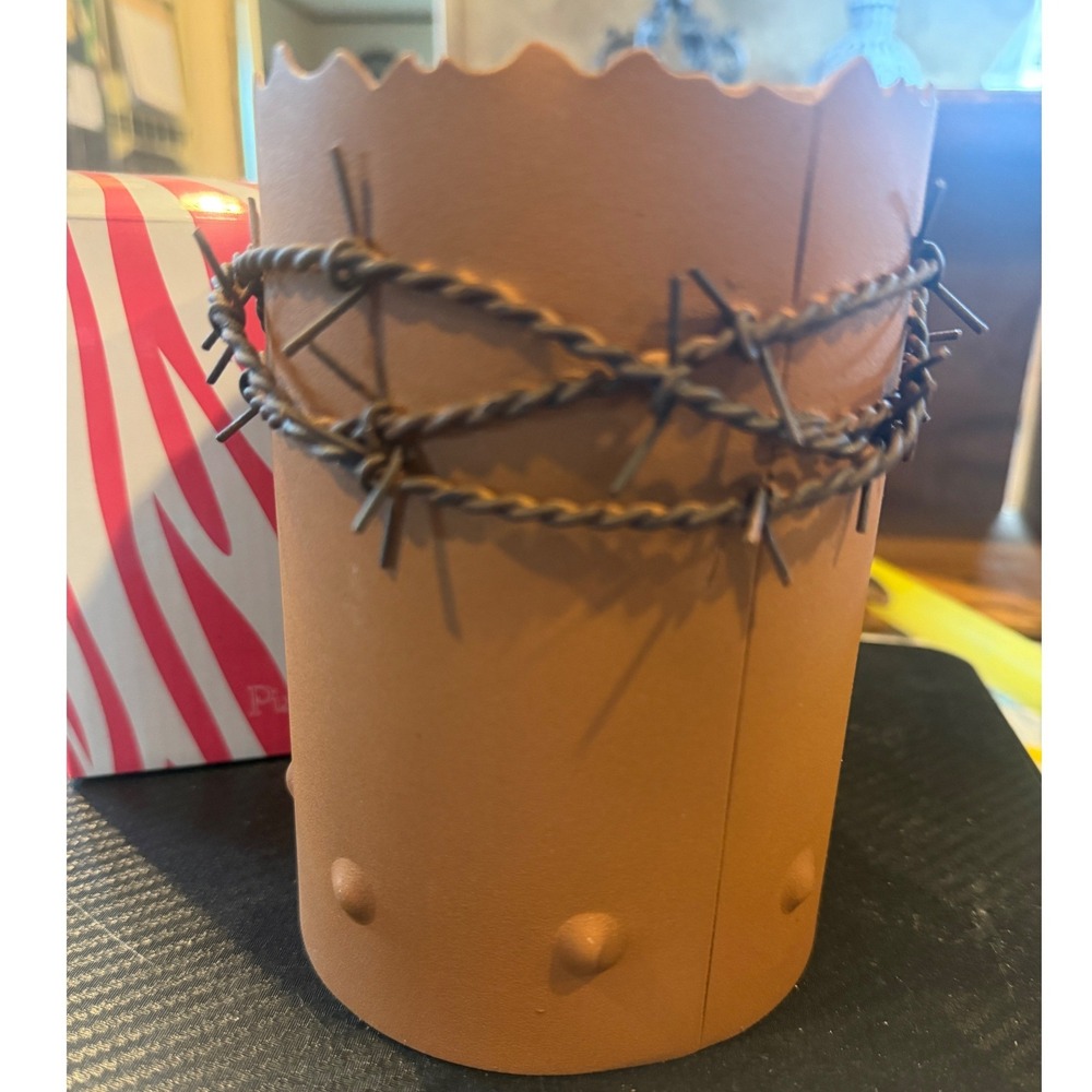 Pink Zebra‎ Rustic Western Barbed Wire Metal Candle Sleeve Terracotta Brown